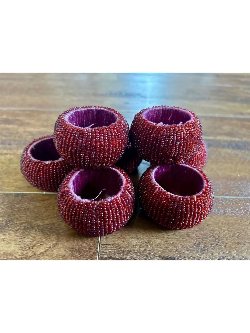 Set of 7 Red Beaded Napkin Rings